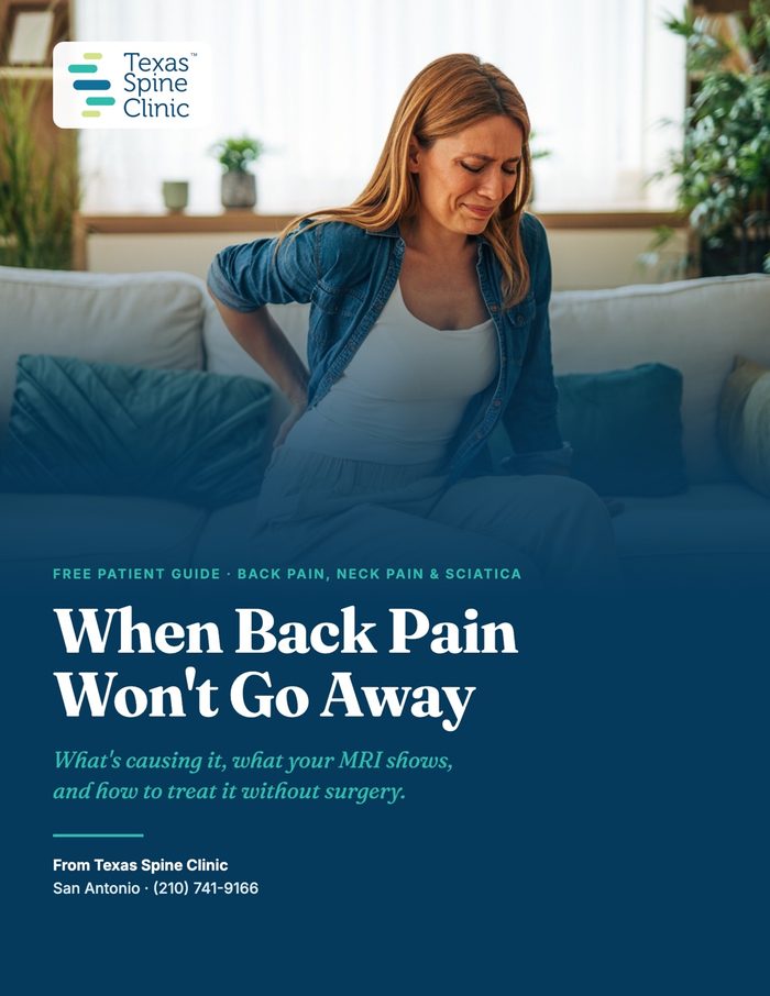 Cover of When Back Pain Won't Go Away, a free patient guide from Texas Spine Clinic.