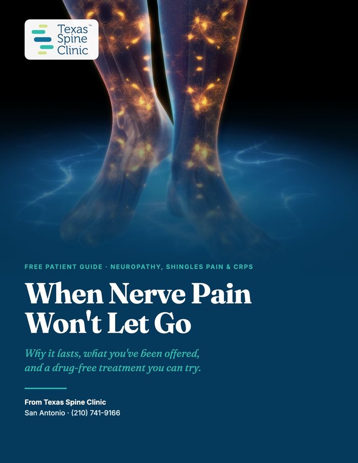 Cover of When Nerve Pain Won't Let Go, a free patient guide from Texas Spine Clinic.