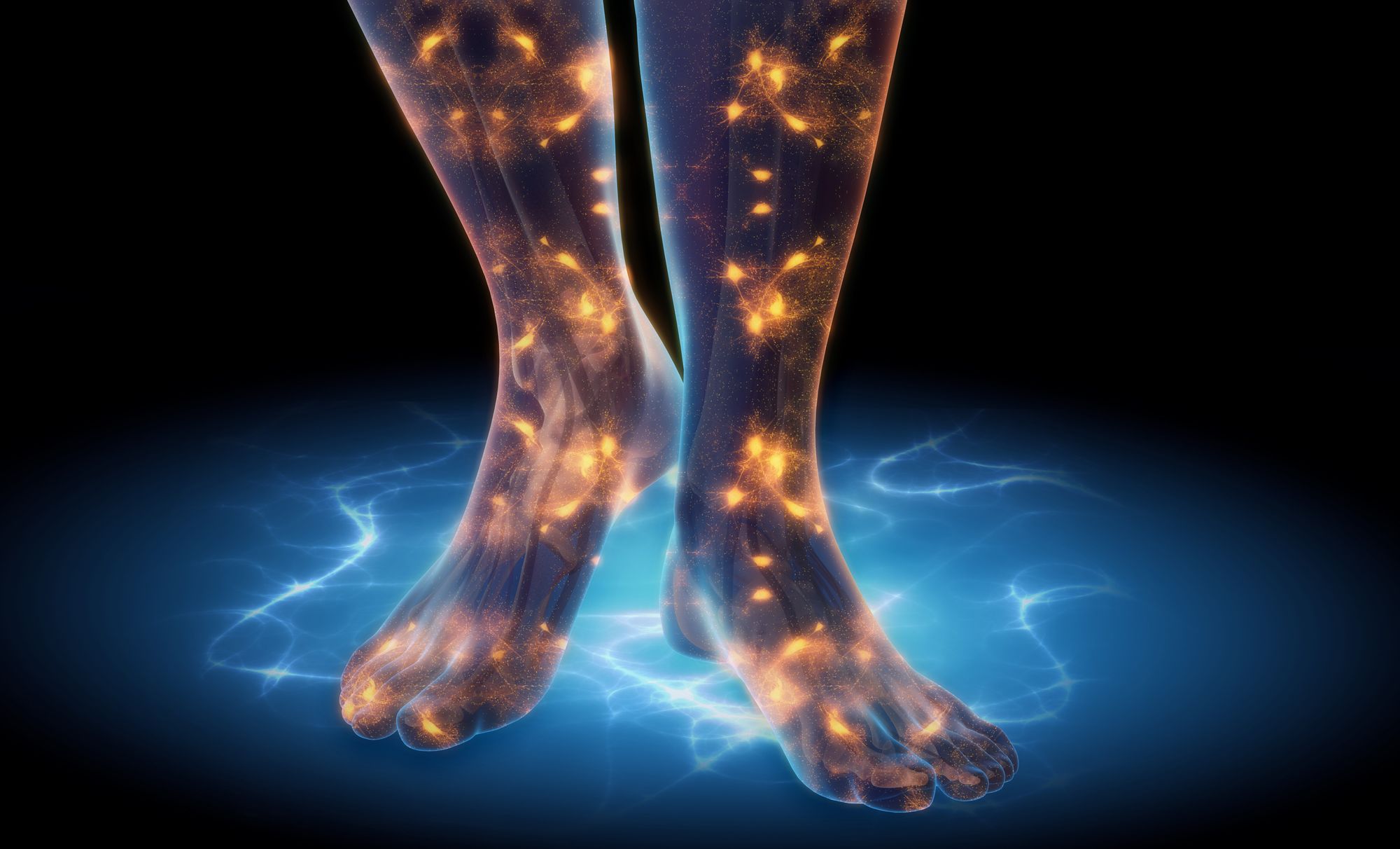 Illustration of two feet with the nerves glowing orange along the soles and ankles, standing on a crackling blue light.